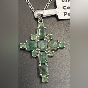 Zambian Emerald Cross Necklace. Rhodium over 925 Sterling Silver. 18” chain.